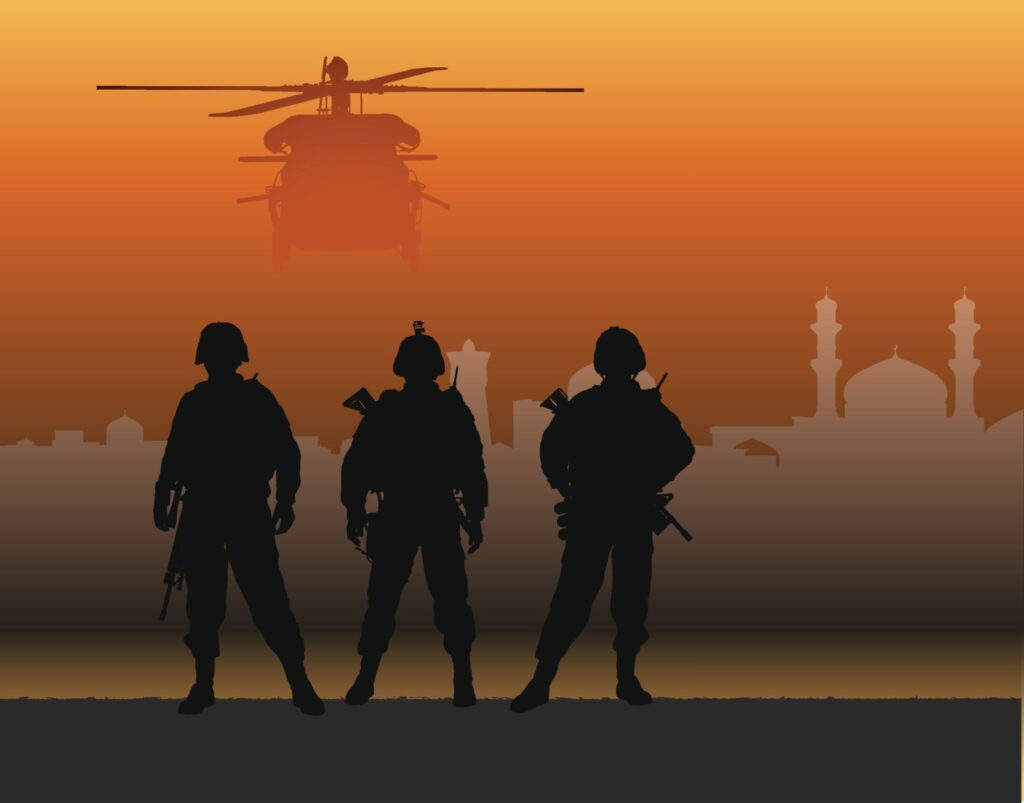 Soldiers silhouette with helicopter in sunset sky – Feng Shui symbolism of protection